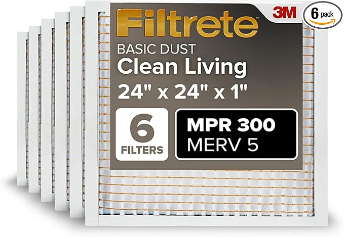 Filtrete 24x24x1 Air Filter, MPR 300, MERV 5, Clean Living Basic Dust 3-Month Pleated 1-Inch Air Filters, 6 Filters