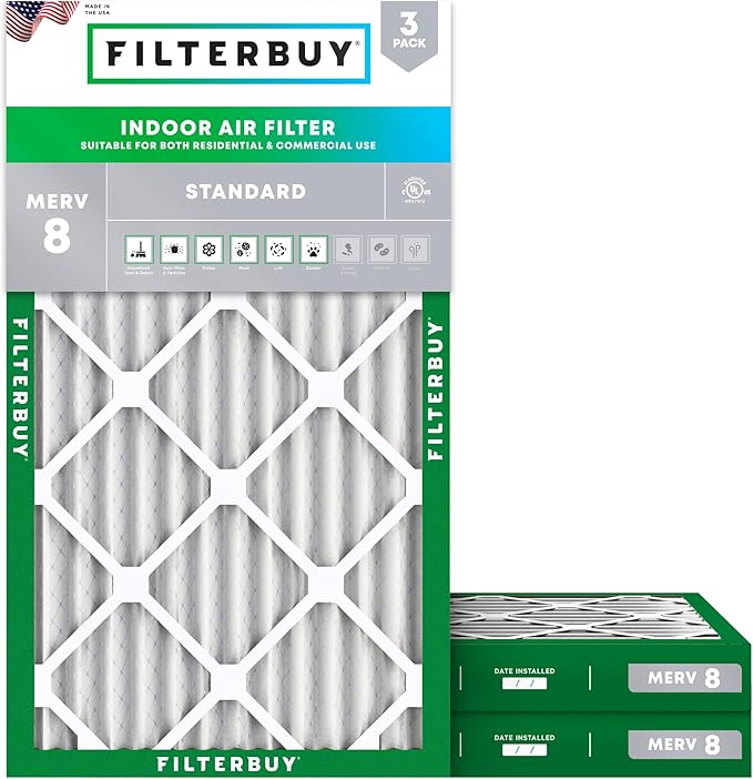 Filterbuy 14x24x2 Air Filter MERV 8 Essential Dust & Allergy Defense (3-Pack), Electrostatic Pleated HVAC AC Furnace Filters Replacement, Made in USA (Actual Size: 13.50 x 23.50 x 1.75)