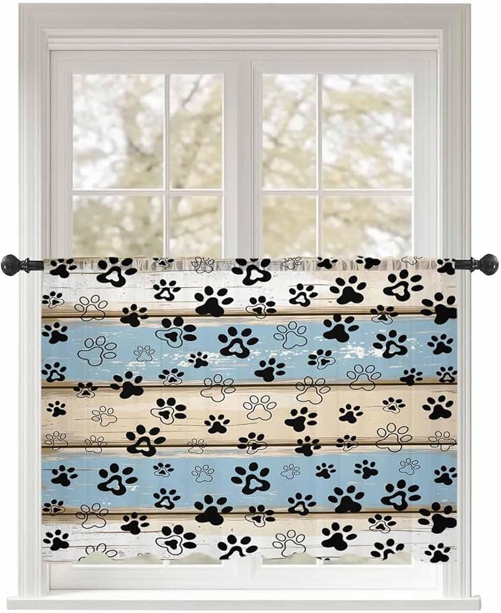 Sheer Curtains 45 Inch Length, Blue Beige Paw Print Semi Sheer Curtains Light Filtering Window Treatment, Vintage Farmhouse Rustic Wooden Grain Privacy Voile Drapes for Living Room Bedroom 52x45 Inch