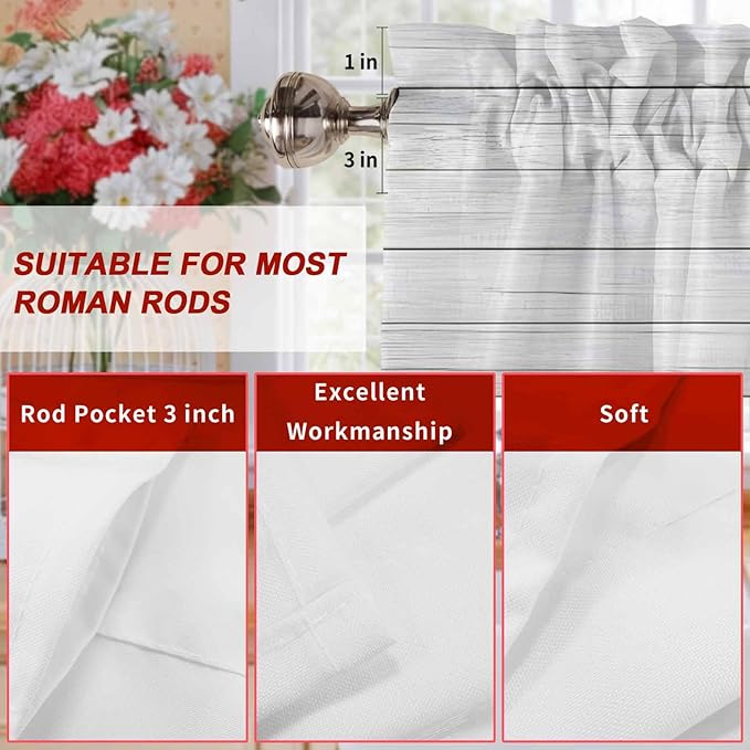 Valentine's Day Valance Curtains for Kitchen, Red Love Trees Bicycles Balloons Wood Grain Privacy Rod Pocket Valance Curtain, Light-Filtering Window Treatment for Bedroom Bathroom, 42"x18"