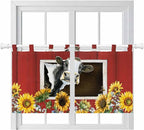 Cows Sunflowers Kitchen Curtains 24 Inch Length, Small Window Curtains Tab Top, Spring Botanical Floral Bees Red Barn Light Filtering Short Window Treatments Tier Drapes 27.5"x24" 2 Panel
