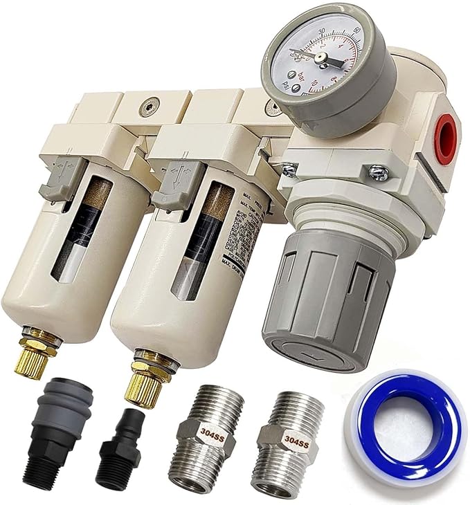 YSIL 1/2" NPT Air Filter Dryer Double Air Filters Compressor Water Separator Pressure Regulator Combo 5 Micron Brass Element(Semi-Auto Drain)