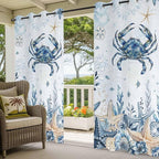 Oceans Outdoor Curtains for Patio Crabs Marine Life Shell Starfish Blue Waterproof Outside Curtains with Grommet Top Weatherproof Curtain for Cabana Pergola Gazebo, 1 Panel, 54" W x 84" L