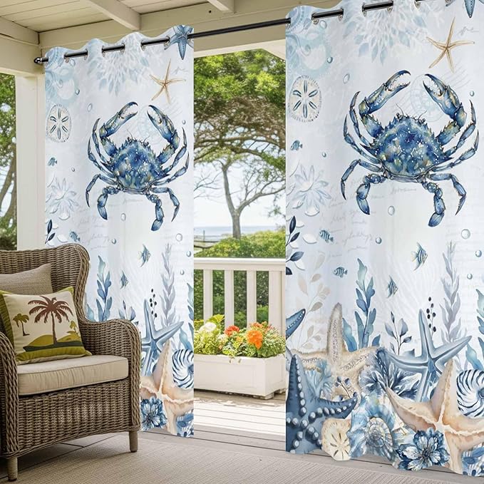 Oceans Outdoor Curtains for Patio Crabs Marine Life Shell Starfish Blue Waterproof Outside Curtains with Grommet Top Weatherproof Curtain for Cabana Pergola Gazebo, 1 Panel, 54" W x 108" L