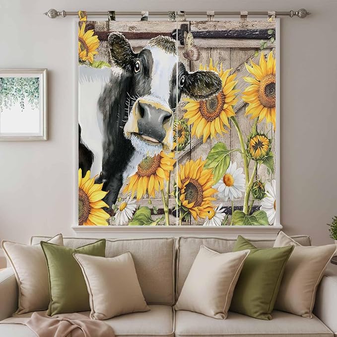 Retro Farmhouse Flower Bedroom Curtains 72 Inch Length, Window Curtains Tab Top, Yellow Sunflowers Cow Barn Doors Brown Light Filtering Window Treatments Drapes 52"x72" 2 Panel