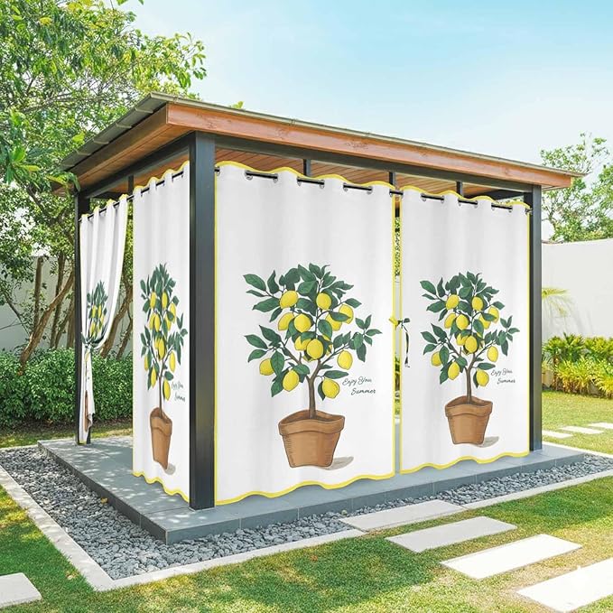 Lemons Outdoor Curtains for Patio Summer Fruit Lemon Tree Waterproof Outside Curtains with Grommet Top Weatherproof Curtain for Cabana Pergola Gazebo, 1 Panel, 54" W x 84" L