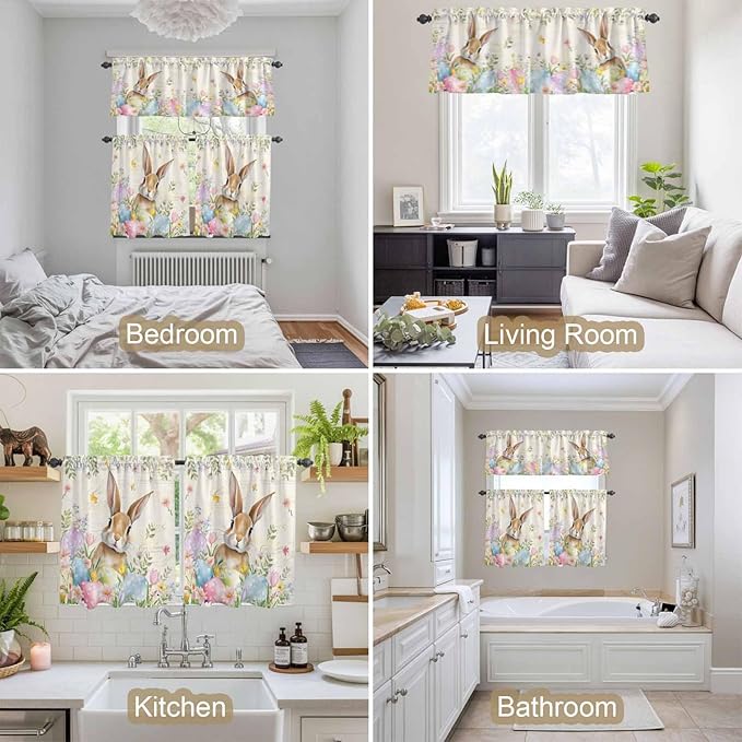 Kitchen Curtains Tiers and Valance Set of 3, Easter Light Filtering Window Curtain Set, Pastoral Spring Bunny Eggs Botanical Flowers Leaf Rod Pocket Curtain Drapes for Living Room, 24 Inches Tiers