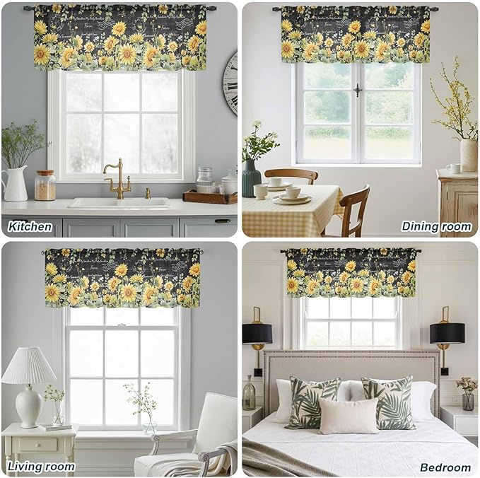 Summer Floral Sheer Valance Curtains, Watercolor Sunflower Eucalyptus Leaves Letter Print Light Filtering Kitchen Valances Rod Pocket Voile Curtain Treatment for Bedroom/Living Room/Basement 42Wx12L