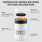 Kitchen Compost Bin, 1 Gallon Countertop Compost Bin with Lid, Indoor Compost Bucket, Includes Inner Bucket Liner and Carbon Filters, White