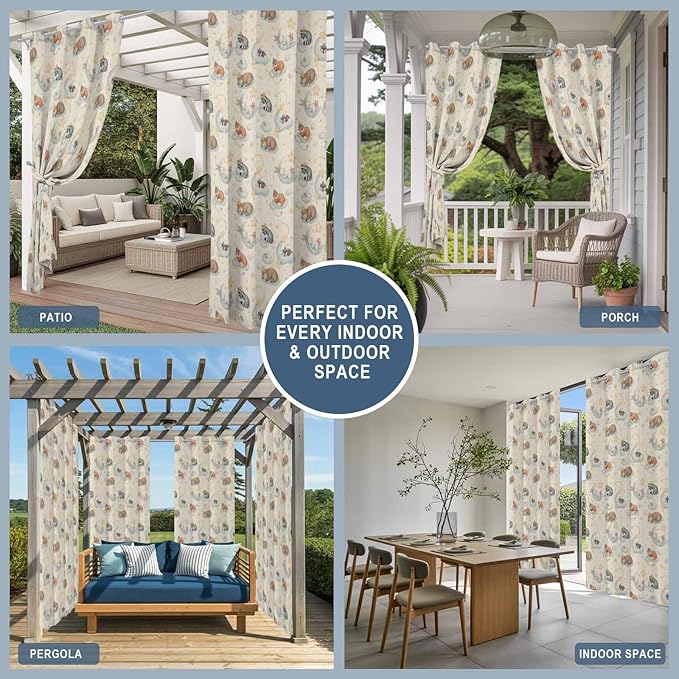 Cartoon Animals Outdoor Curtains for Patio Raccoons Rabbits Moon Linen Texture Waterproof Outside Curtains with Grommet Top Weatherproof Curtain for Cabana Pergola Gazebo, 1 Panel, 54" W x 108" L