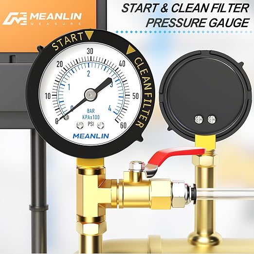 MEANLIN MEASURE 0~60Psi Plastic Frame 1/4" NPT Start and Clean Filter Pressure Gauge, Suitable for Swimming Pool, Spa, Aquarium (0-60Psi/0-4BAR/KIT, Lower Mount)
