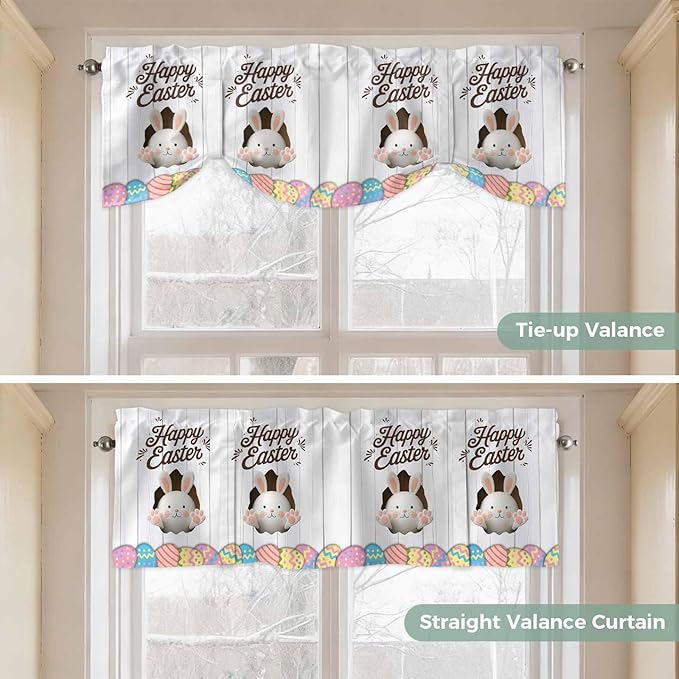 Grey Easter Tie Up Valance Curtains for Windows, Kitchen Curtains Window Shades, Spring Cartoon Bunny Colorful Eggs Wood Grain Light Filtering Roman Curtain Valances for Bedroom/Bathroom/Cafe 42"x12"