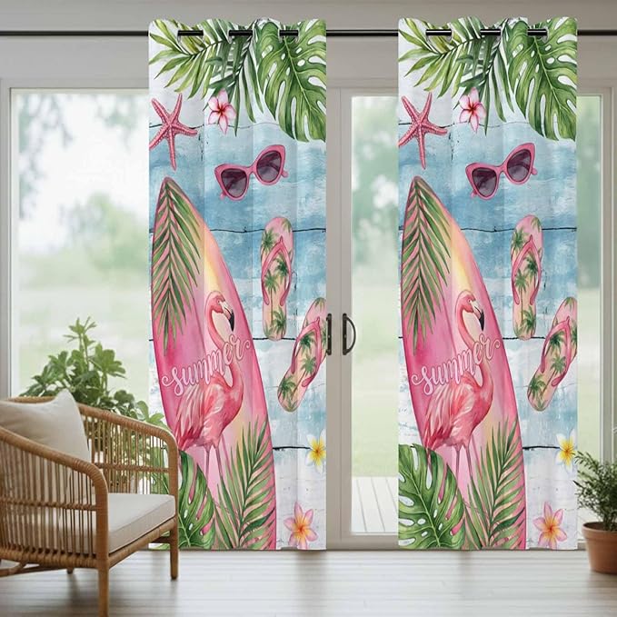 Summer Flamingbirds Outdoor Curtains for Patio Palm Leaves Plumeria Wood Waterproof Outside Curtains with Grommet Top Weatherproof Curtain for Cabana Pergola Gazebo, 2 Pack, 54" W x 95" L