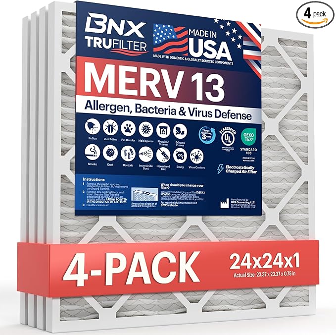 BNX TruFilter 24x24x1 Air Filter MERV 13 (4-Pack) - MADE IN USA - AC Furnace Filters for Allergies, Pollen, Mold, Bacteria, Smoke, Allergen, MPR 1900 FPR 10 (Actual Size: 23.38 x 23.38 x 0.75 Inches)