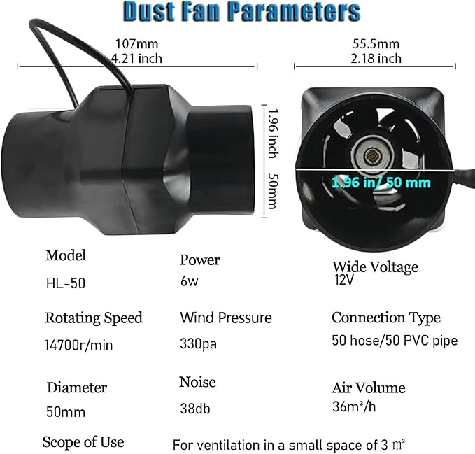 2 Inch 22 Cfm Inline Duct Ventilation Fan Air Circulation Vent Blower Black Small HVAC Exhaust Booster for Hydroponics Grow Tent (Color : Adjustable Speed)