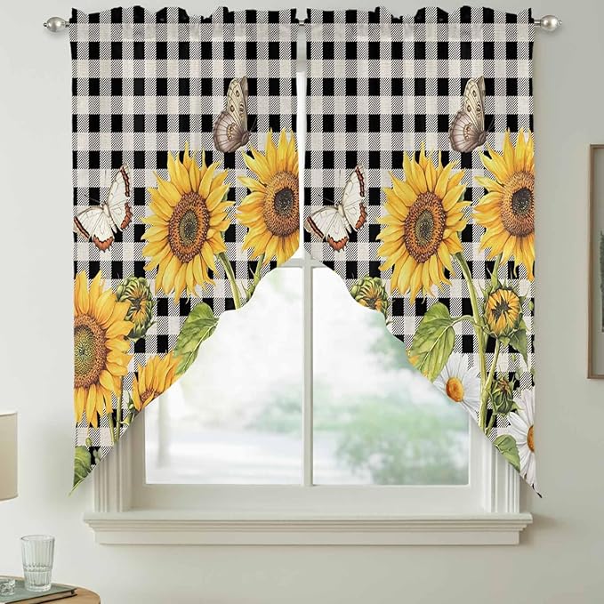 Sunflowers Swag Valances for Windows, Yellow Flowers Butterfly Farmhouse Black Plaid Rod Pocket Kitchen Curtains Valance, Kitchen Window Curtains Swag for Cafe Living Room, 2 Panels, 36x45 inch