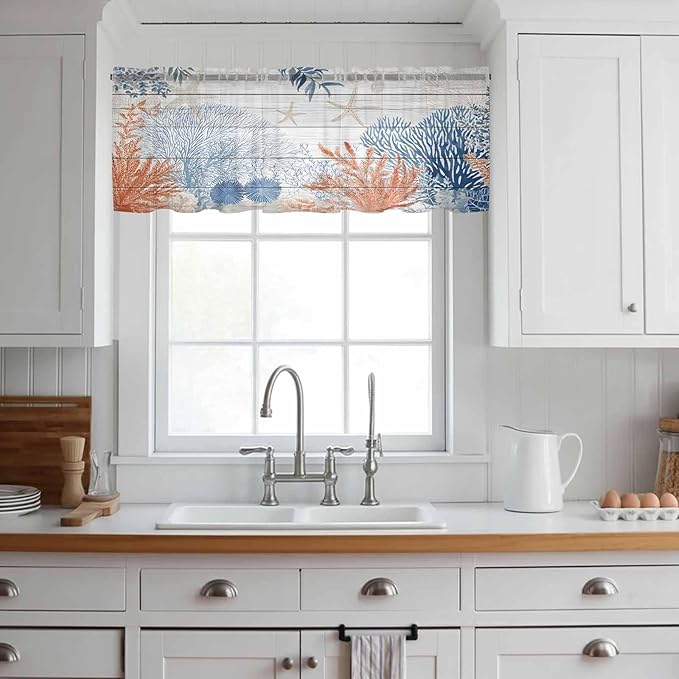 Ocean Corals Sheer Valance Curtains, Summer Beach Coral Sea Stars Wood Grain Light Filtering Kitchen Valances Rod Pocket Voile Curtain Window Treatment for Bedroom/Living Room/Basement 42Wx12L