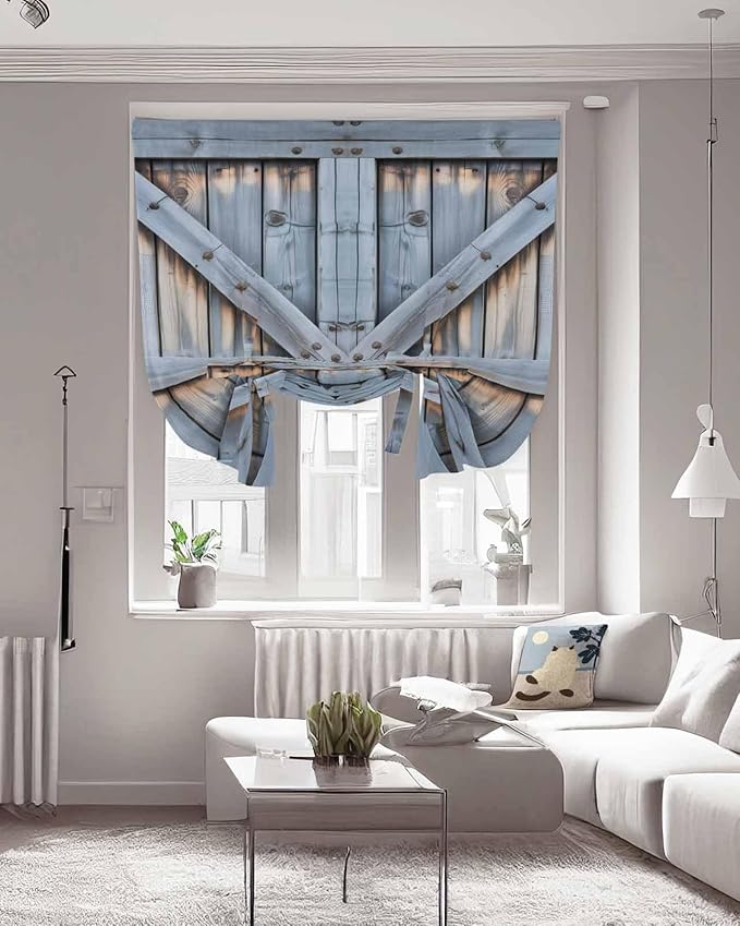 Tie Up Curtains for Windows, Farmhouse Wood Grain Adjustable Balloon Nature Linen Textured Kitchen Curtain, Vintage Country Barn Gate Textured Privacy Curtains Balloon Blind for Cafe, 42 x 63 Inches