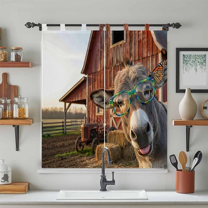 Farm Donkeys Bedroom Curtains 72 Inch Length, Window Curtains Tab Top, Farmhouse Barn Funny Animals Butterfly Light Filtering Window Treatments Drapes 52"x72" 2 Panel