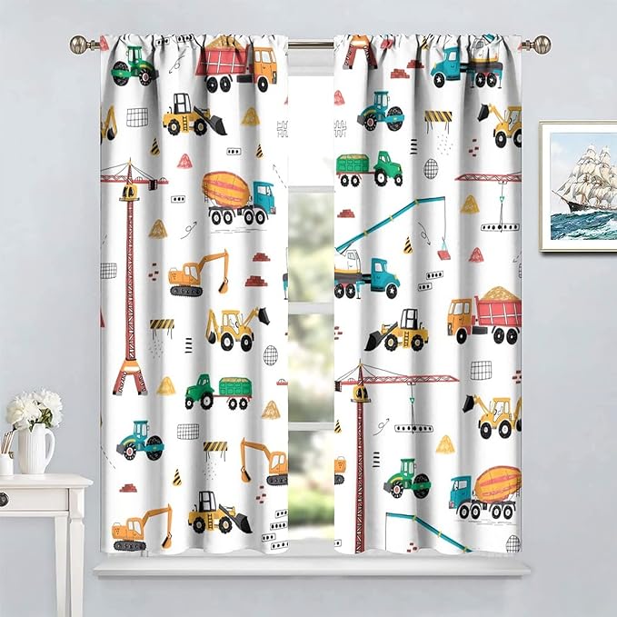 Construction Window Curtains, Kids Cartoon Construction Machines Building Hand Drawn Doodle Rod Pocket Decorative Windows Curtain for Children Teens Room Decor 52x84in (30% Blackout)