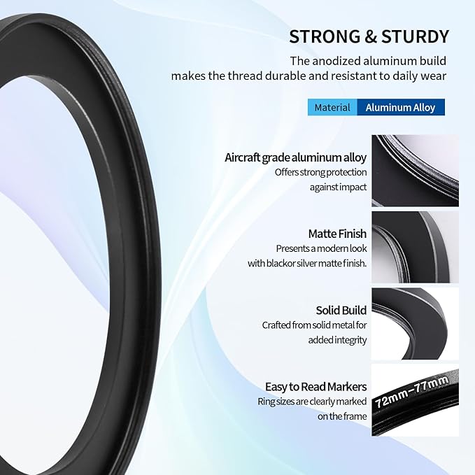 72-77mm Step-Up Ring Adapter, 72mm to 77mm Step Up Filter Ring for 72mm Lens Mount 77mm for DSLR Lenses and ND UV CPL IR Filters （72-77mm）