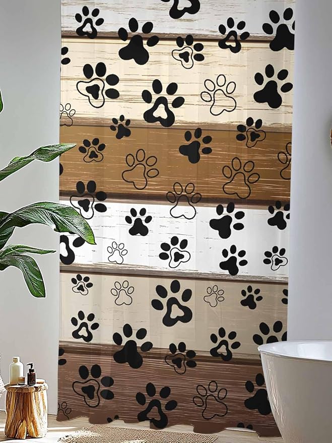 Sheer Curtains 84 Inches Long, Brown Beige Farmhouse Semi Sheer Curtains Light Filtering Window Treatment, Black Dog Paw Vintage Wooden Privacy Voile Drapes for Living Room Bedroom 52x84 Inch