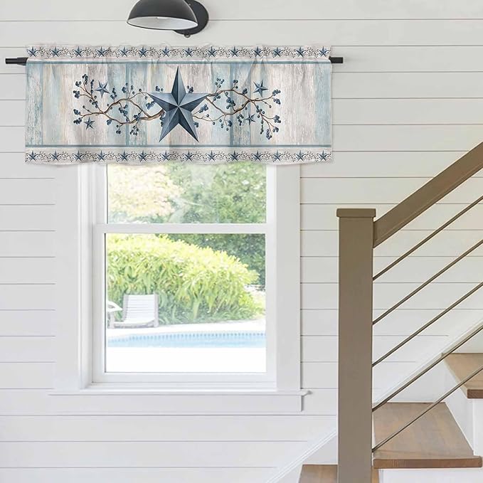 Blue Texas Star Valances for Windows, Vintage Star Berry Blue Beige Wood Grain Kitchen Valance Light Filtering Rod Pocket Short Curtains for Kitchen Bathroom, 1 Panel, 42"x12"