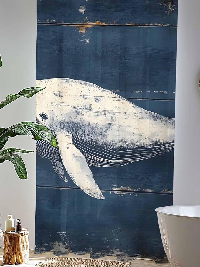 Sheer Curtains 84 Inches Long, Ocean Vintage Whale Semi Sheer Curtains Light Filtering Window Treatment, Summer Retro Wood Grain Privacy Voile Drapes for Living Room Bedroom 52x84 Inch