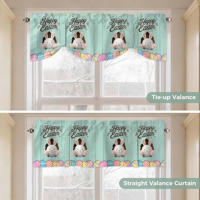 Green Easter Tie Up Valance Curtains for Windows, Kitchen Curtains Window Shades, Spring Cartoon Bunny Colorful Eggs Wood Grain Light Filtering Roman Curtain Valances for Bedroom/Bathroom/Cafe 60"x18"