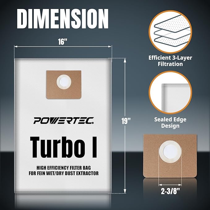 POWERTEC Turbo I, 9-20-27 Fleece Filter Bags 10PK, for Fein Dustex 25 L Wet/Dry Dust Extractor, for Fein 31345061010 Shop Vacuum Replacement Bags, Filter Bags, Dust Bags (75041-P2)