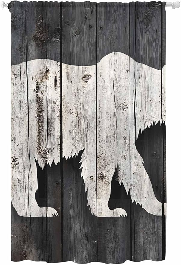 Sheer Curtains 108 Inches Long, White Brown Bear Semi Sheer Curtains Light Filtering Window Treatment, Farmhouse Country Rustic Wooden Grain Privacy Voile Drapes for Living Room Bedroom 52x108 Inch