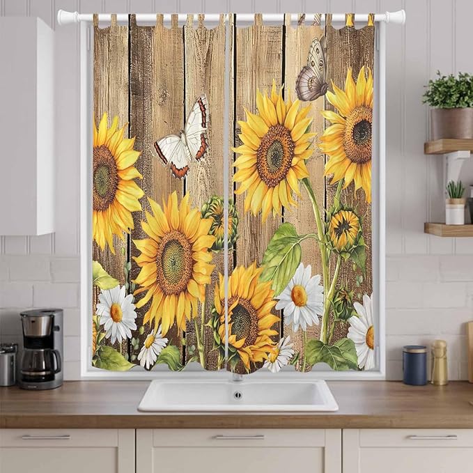 Farmhouse Sunflowers Living Room Curtains 84 Inch Length, Window Curtains Tab Top, Rustic Floral Buttterfly Wood Board Brown Light Filtering Window Treatments Drapes 52"x84" 2 Panel