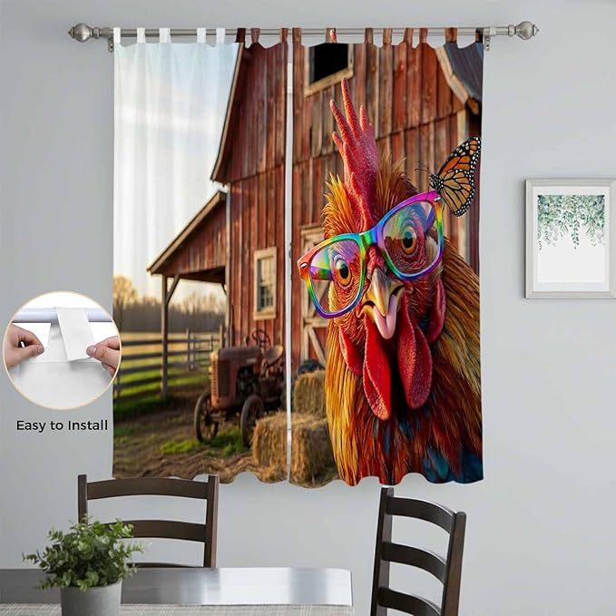 Farm Rooster Living Room Curtains 84 Inch Length, Window Curtains Tab Top, Farmhouse Barn Funny Animals Butterfly Light Filtering Window Treatments Drapes 52"x84" 2 Panel