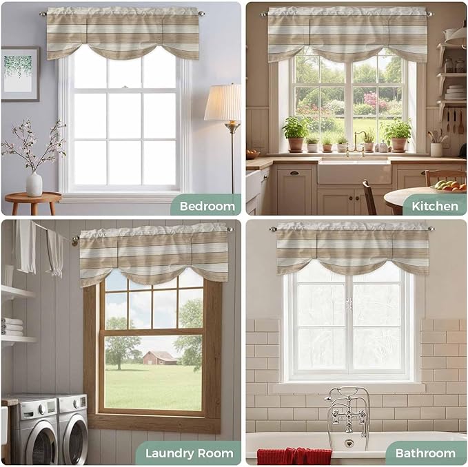 Brown Ombre Wooden Tie Up Valance Curtains for Windows, Kitchen Curtains Window Shades, Farmhouse Retro Khaki Wood Light Filtering Roman Curtain Valances for Bedroom/Bathroom/Cafe 42"x18"