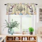 Happy Easter Kitchen Curtains Set 3 Piece for Windows,Rod Pocket Valance and Tier Set 24 Inch Length,Spring Grey Bunny Colorful Eggs Flower Brown Light Filtering Cafe Curtains for Living Room