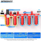 TAILONZ PNEUMATIC 0-150PSI 1/2 Inch NPT Red Industrial Grade 5 Stage Air Drying System, Particulate Filter, Coalescing Filter, Three Desiccant Dryer and Air Regulator (Manual Drainage)