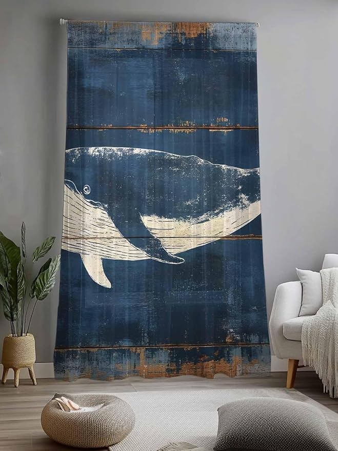 Sheer Curtains 84 Inches Long, Summer Whale Blue Semi Sheer Curtains Light Filtering Window Treatment, Coastal Ocean Vintage Wooden Grain Privacy Voile Drapes for Living Room Bedroom 52x84 Inch