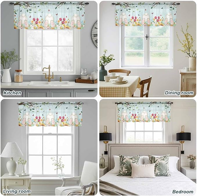 Easter Sheer Valances for Windows 60"x18", Light Filtering Kitchen Curtains Valance, Spring Watercolor Eggs Tulip Wooden Grain Teal Rod Pocket Chiffon Curtains for Living Room Bedroom Cafe