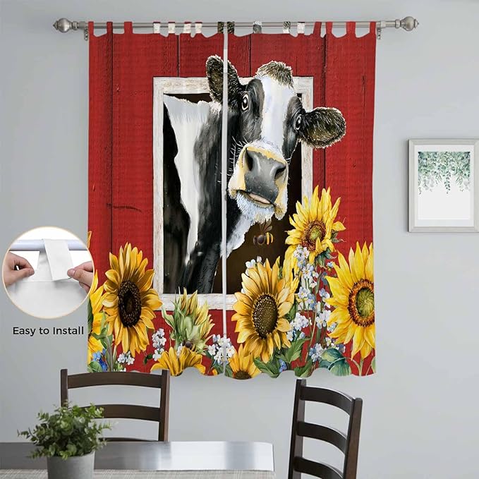 Cows Sunflowers Living Room Curtains 96 Inch Length, Window Curtains Tab Top, Spring Botanical Floral Bees Red Barn Light Filtering Window Treatments Drapes 52"x96" 2 Panel