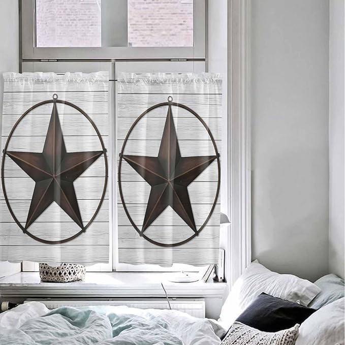 Vintage Farm Western Star Window Valance Curtains, White Wood Grain Light Filtering Kitchen Valance with 3-inch Rod Pocket for Living Room Bathroom Bedroom,2 Panel,42x45In