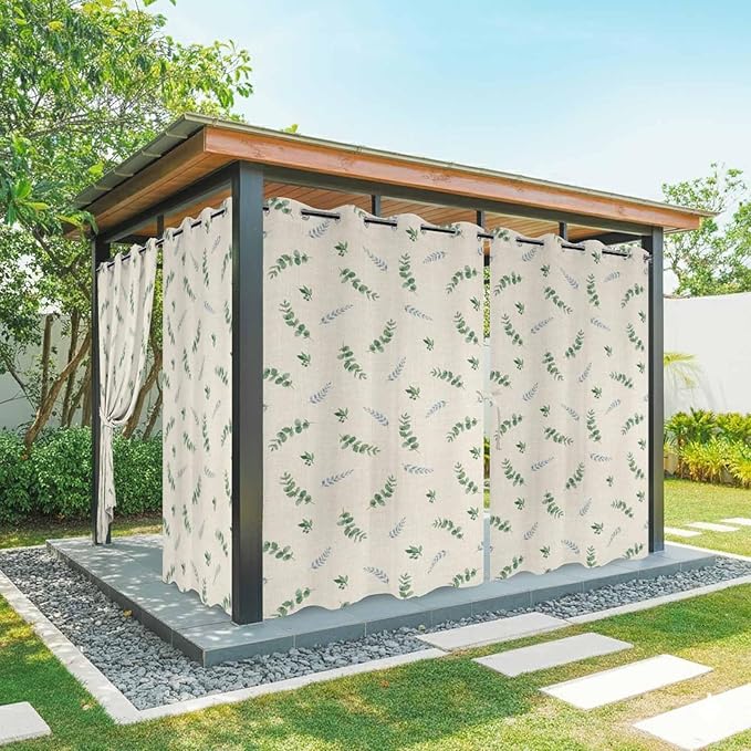 Leaf Outdoor Curtains for Patio Summer Jugal Leaves Pastoral Plant Linen Waterproof Outside Curtains with Grommet Top Weatherproof Curtain for Cabana Pergola Gazebo, 2 Pack, 54" W x 108" L