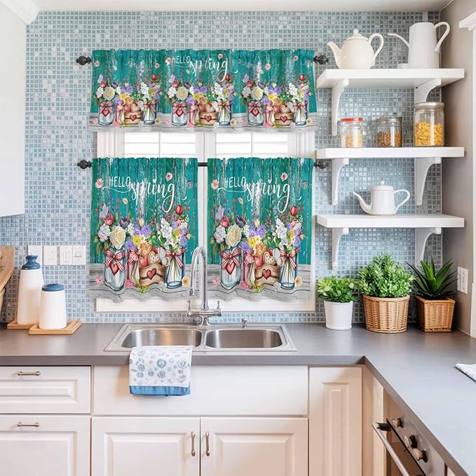 Spring Flowers Kitchen Curtain Set, Farmhouse Watercolor Teal Wood Grain Window Valance and Tiers 24" Length, Light Filtering Short Curtains Valance for Cafe Bathroom Bedroom 54"x18"