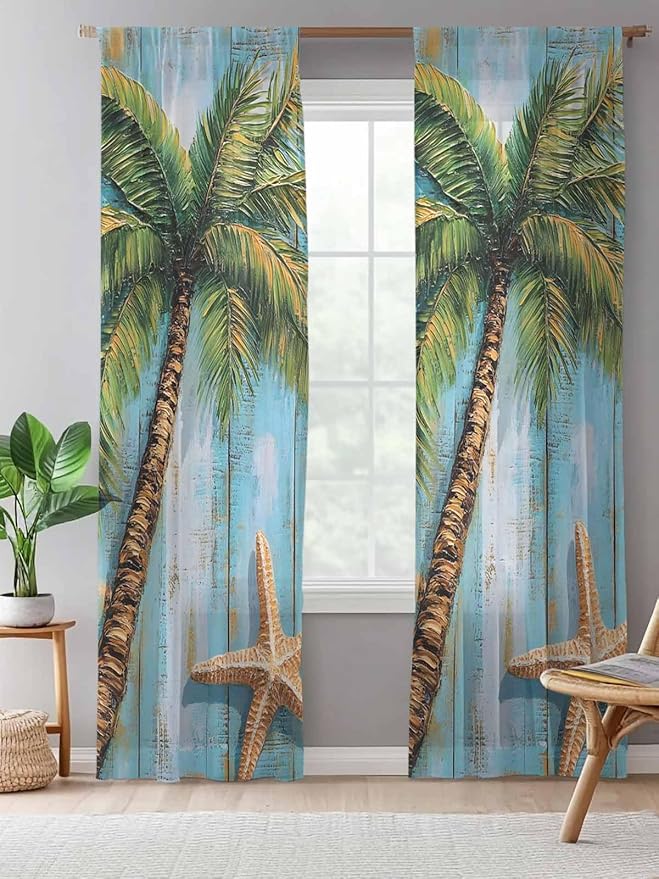Sheer Curtains 96 Inches Long, Coastal Beach Tree Semi Sheer Curtains Light Filtering Window Treatment, Summer Tropical Starfish Wood Grain Privacy Voile Drapes for Living Room Bedroom 52x96 Inch