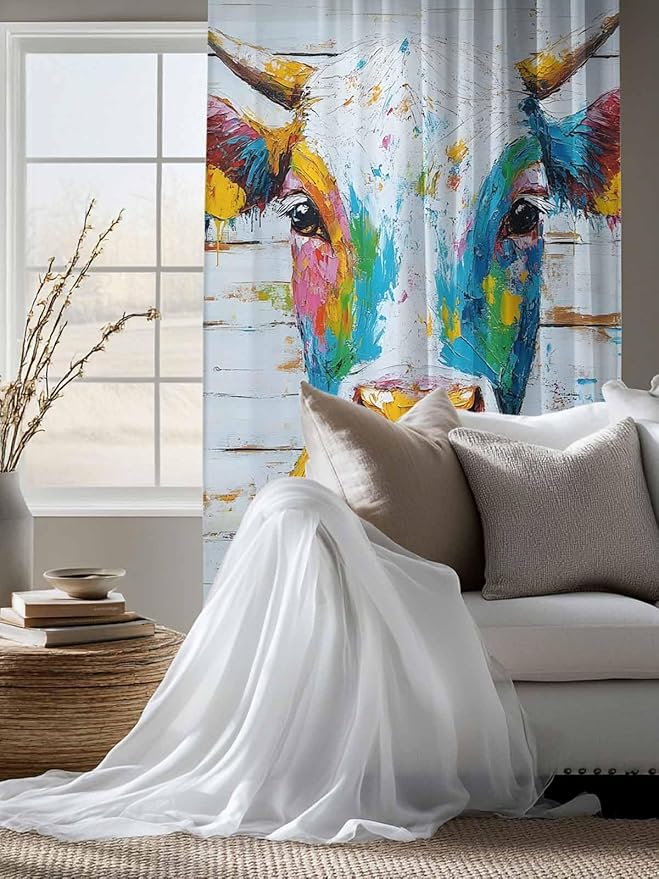 Sheer Curtains 63 Inch Length, Funny Colorful Cow Semi Sheer Curtains Light Filtering Window Treatment, Retro Rustic Oil Painting Wood Grain Privacy Voile Drapes for Living Room Bedroom 52x63 Inch