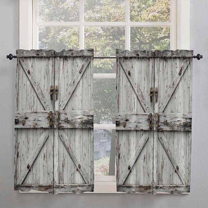 Vintage Gate Kitchen Curtains 54 Inches Length, Farmhouse Wooden Grain Shabby Chic Door Window Treatment Curtain Drapes, Thermal Insulated Drapes for Basement Hotel RV, 42"x54", 2 Panels