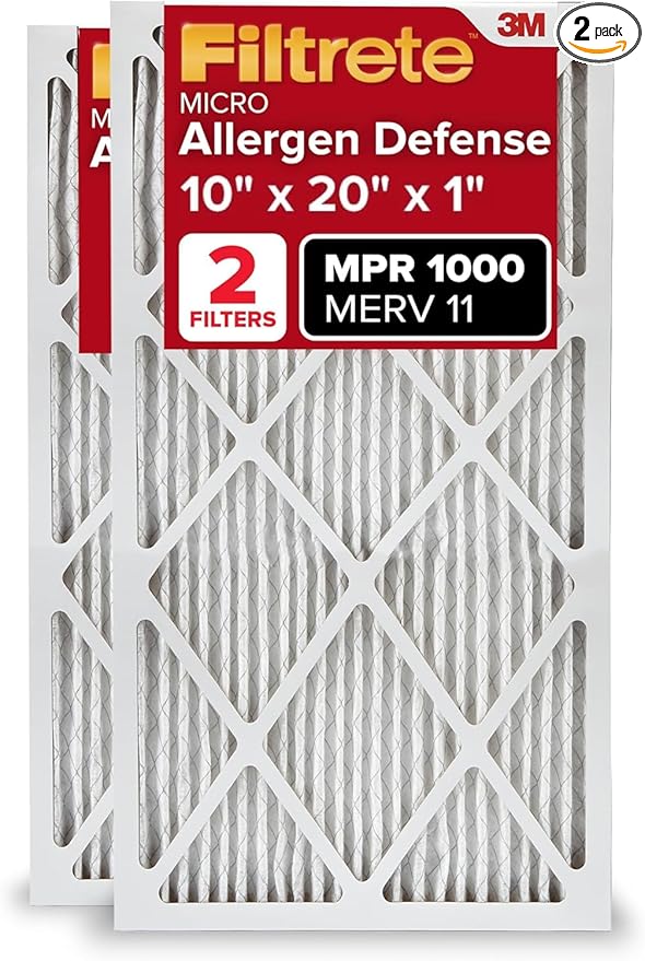 Filtrete 10x20x1 AC Furnace Air Filter, MERV 11, MPR 1000, Micro Allergen Defense, 3-Month Pleated 1-Inch Electrostatic Air Cleaning Filter, 2 Pack (Actual Size 9.81x19.81x0.81 in)