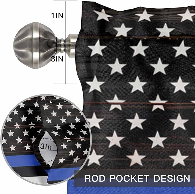 American Flag Valances for Windows, Blue Line Star Black White Stripes Wood Grain Kitchen Valance Light Filtering Rod Pocket Short Curtains for Kitchen Bathroom, 1 Panel, 60"x14"