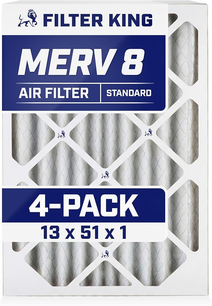 Filter King 13x51x1 Air Filter | 4-PACK | MERV 8 HVAC Pleated A/C Furnace Filters | MADE IN USA | Actual Size: 13 x 51 x .75"