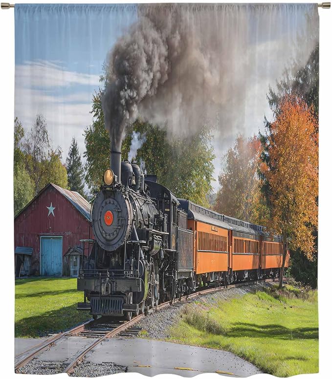 Steam Train Sheer Curtains 45 Inch Length Railroad Country Barn Rustic Trees Farmhouse Chiffon Curtain for Bedroom Living Room Light Filtering Window Treatments Voile Curtains Drapes for Kitchen