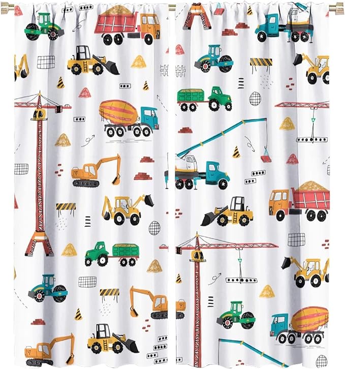 Construction Window Curtains, Kids Cartoon Construction Machines Building Hand Drawn Doodle Rod Pocket Decorative Windows Curtain for Children Teens Room Decor 55x63in (30% Blackout)